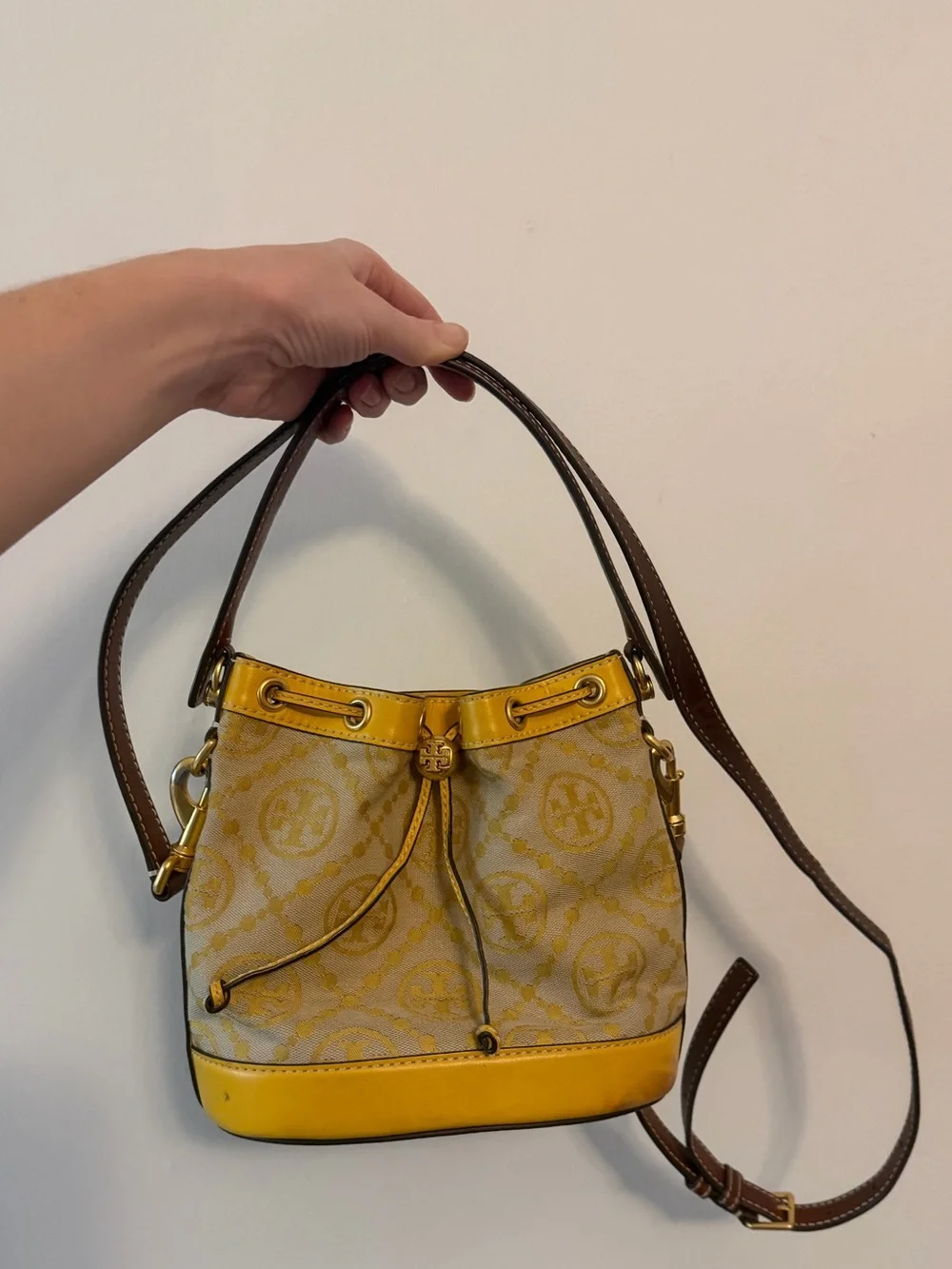 Tory Burch Yellow Logo Bucket Shoulder Bag with Brown Strap